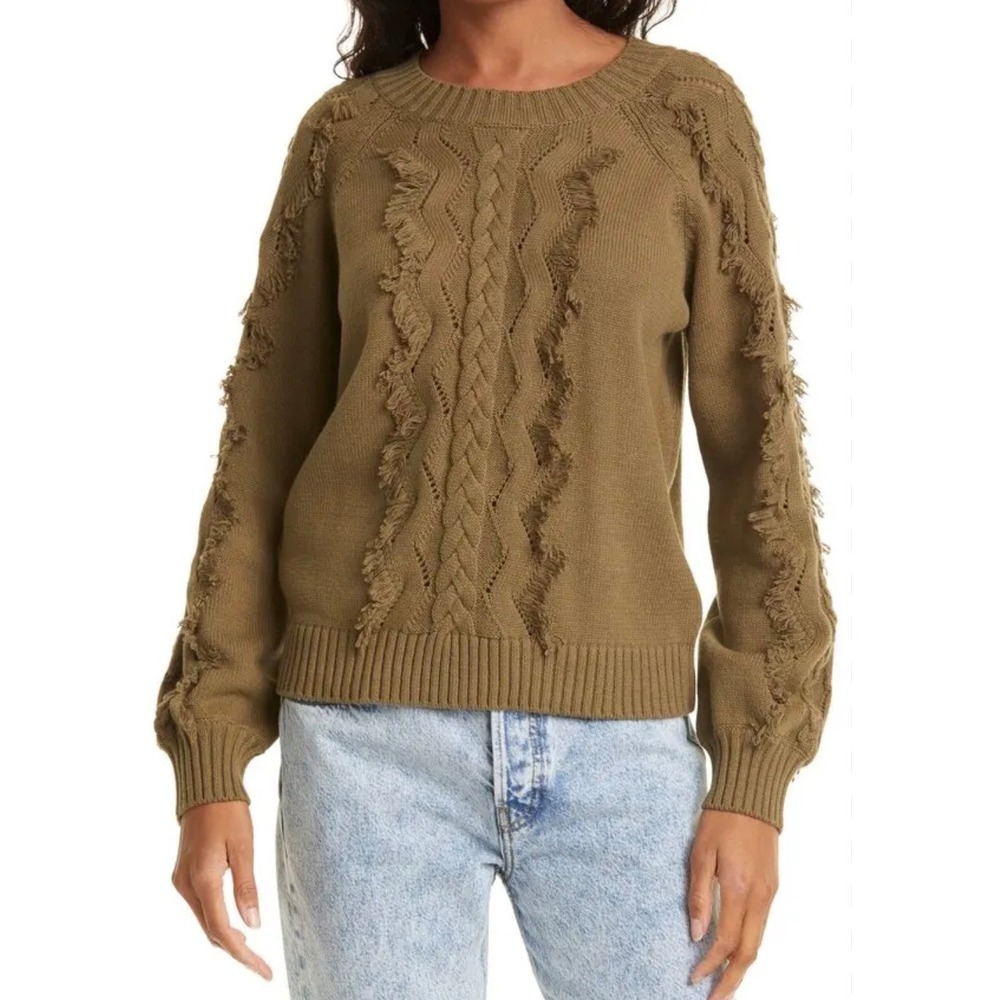 Rails Francis Cable Knit Fringe Sweater Olive Green XS Pullover Crew Neck
